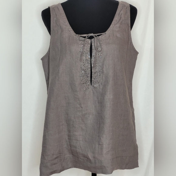 Eileen Fisher Taupe 100% Irish Linen Sleeveless Subtly Beaded Top - Size M - Picture 1 of 11